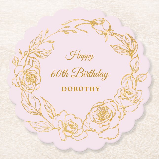 60th Birthday Party Gold Rose Blush Pink Paper Coaster (Front)