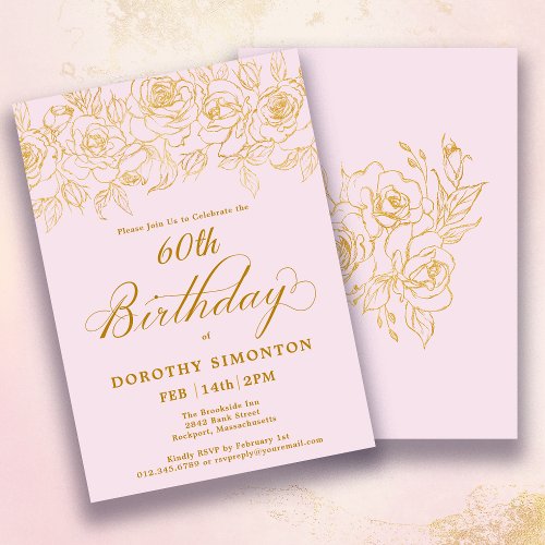 60th Birthday Party Gold Rose Floral Blush Pink Invitation