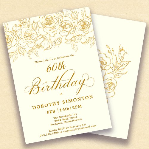 60th Birthday Party Gold Rose Floral Ivory White Invitation