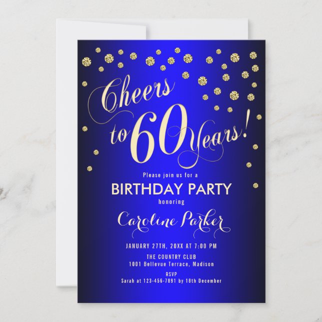 60th Birthday Party - Gold Royal Blue Invitation (Front)
