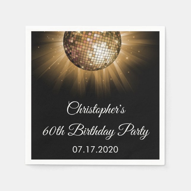 60th Birthday Party Gold Sparkle Disco Ball Napkins (Front)