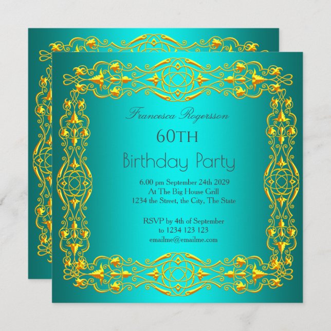60th Birthday Party Gold Teal Invitation (Front/Back)