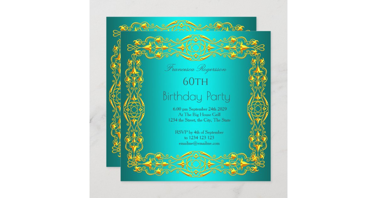 60th Birthday Party Gold Teal Invitation Zazzle