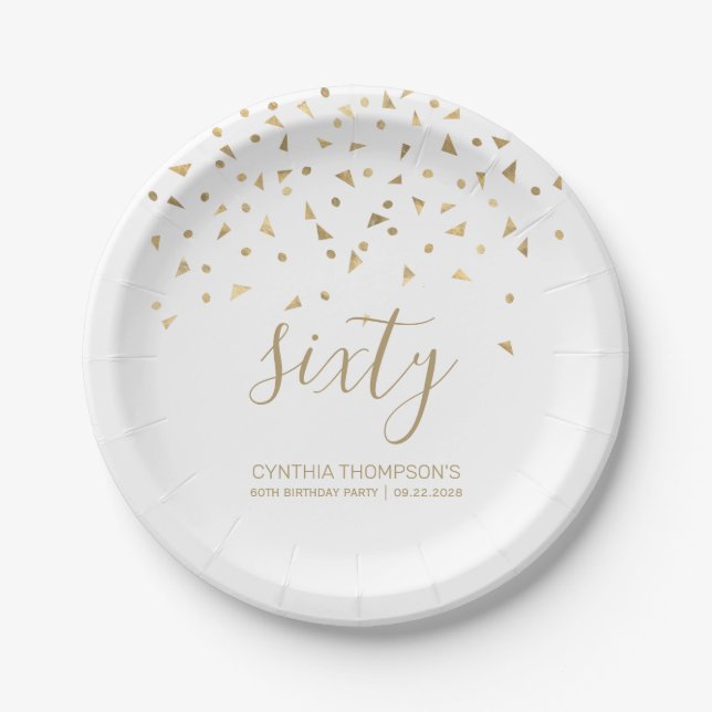 60th Birthday Party Gold Triangle Confetti White Paper Plates (Front)