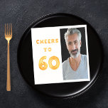 60th birthday party gold white cheers photo napkins<br><div class="desc">A napkin for a 60th birthday party. Template for your photo.  White background and the text: Cheers to 60.  The text is written with a trendy faux gold balloon script.</div>