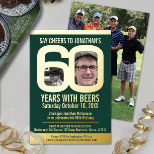 60th Birthday party golf beers green gold photos Foil Invitation