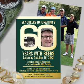 60th Birthday party golf beers green gold photos Foil Invitation