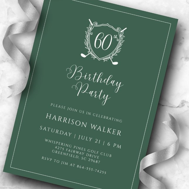 60th Birthday Party Golf Crest Elegant Script Sage Invitation (Creator Uploaded)
