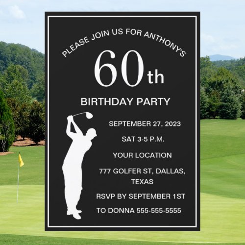 60th Birthday Party Golfer Black Par Adult Golf Invitation
