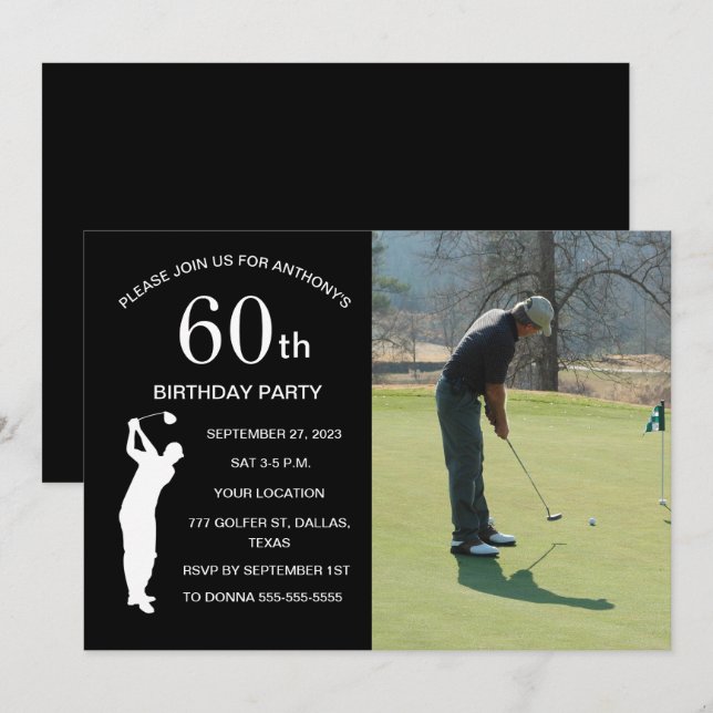 60th Birthday Party Golfer Black Par Golf Photo Invitation (Front/Back)