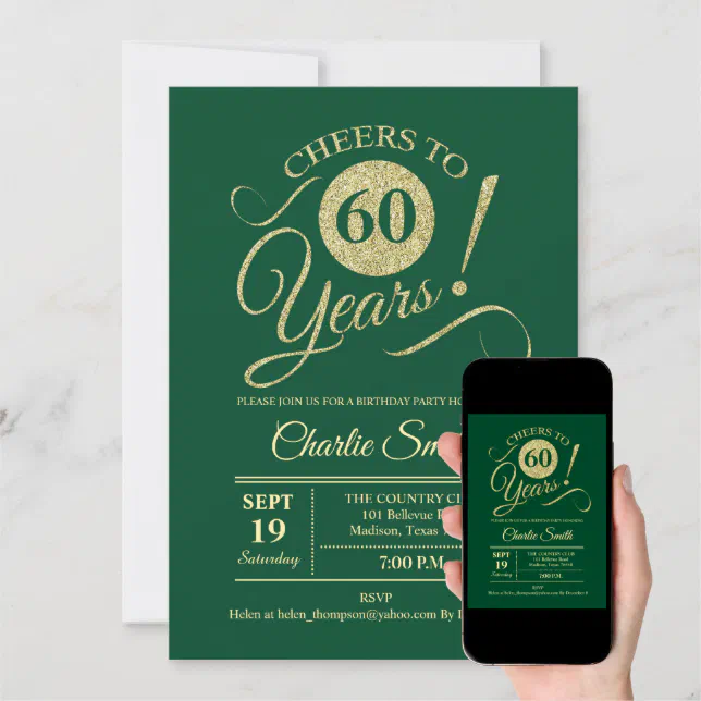 60th Birthday Party - Green Gold Invitation | Zazzle