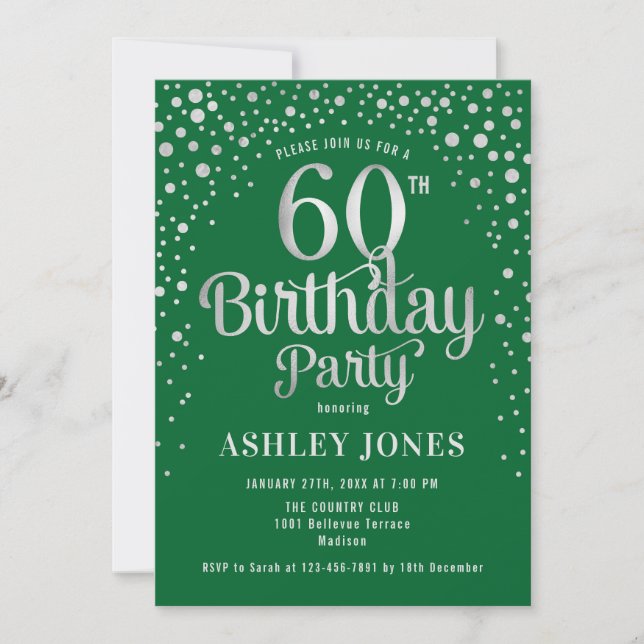 60th Birthday Party - Green & Silver Invitation (Front)