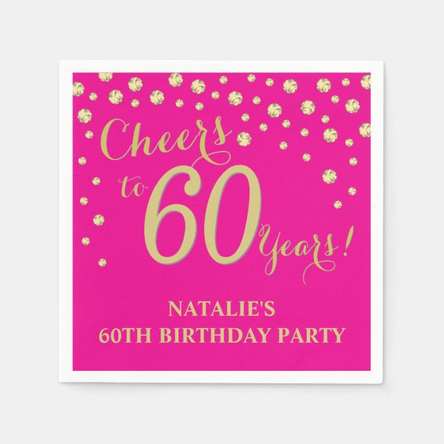 60th Birthday Party Hot Pink and Gold Diamond Napkins (Front)