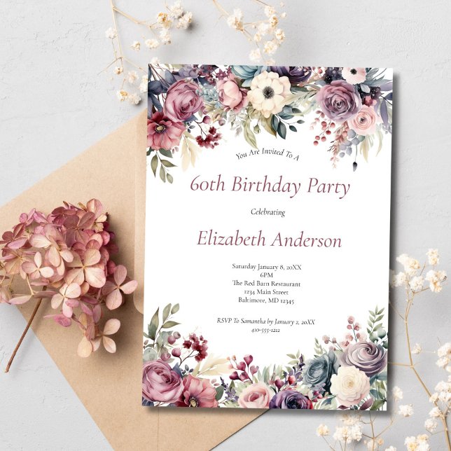 60th Birthday Party Invitation Pink Purple Florals (Pink purple blue moody florals 60th birthday invitation for her. Digital or Printed. Watercolor )