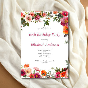 60th Birthday Party Invitation Pink Red Florals