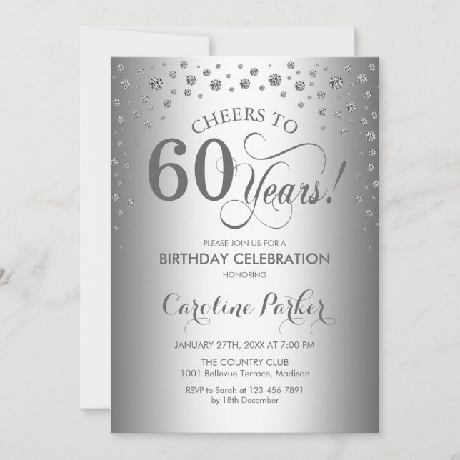 60th Birthday Party Invitation - Silver (Front)
