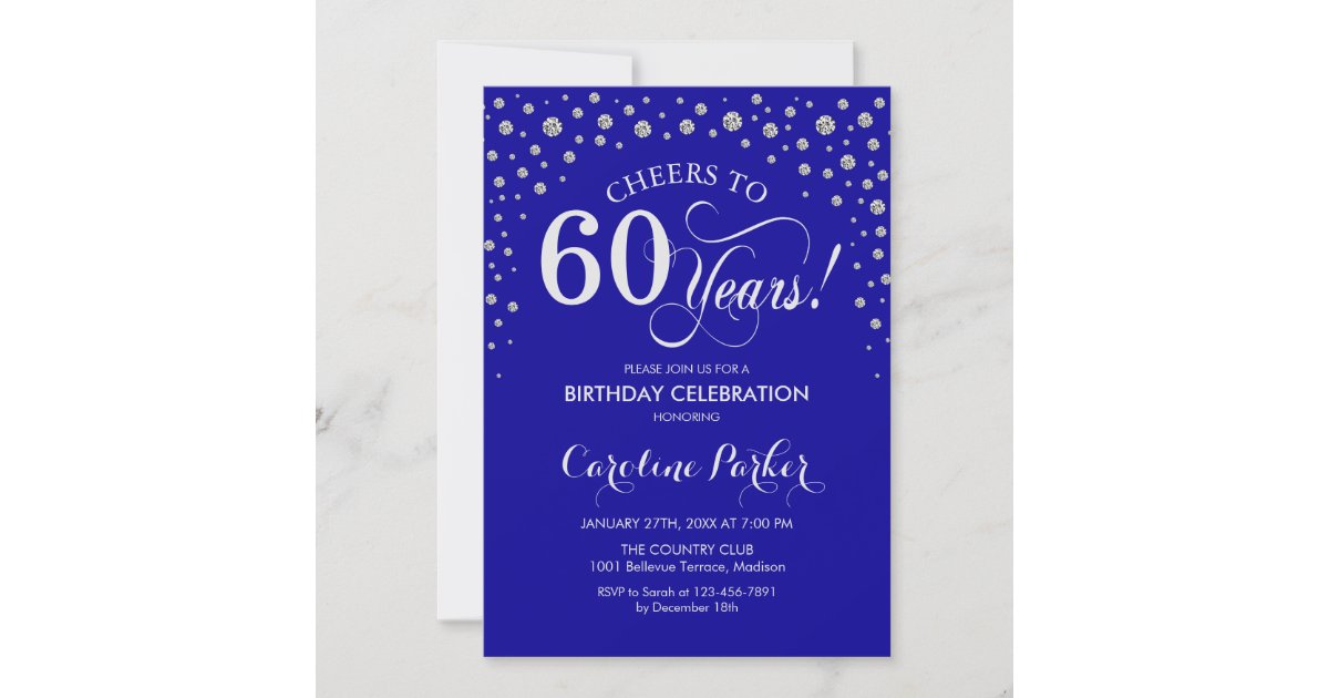 60th Birthday Party Invitation - Silver Royal Blue | Zazzle.com