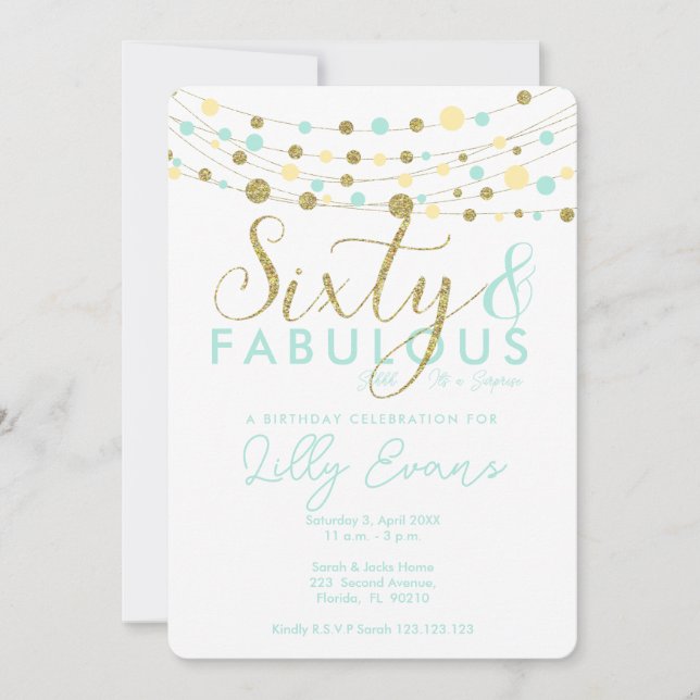 60th birthday party invitation, teal aqua and gold invitation (Front)