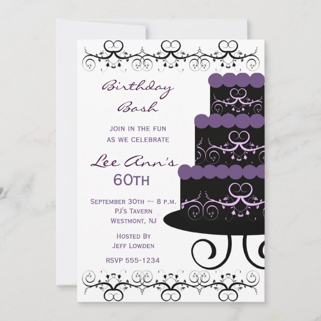 60th Birthday Party Invitations In Purple Swirl (Front)