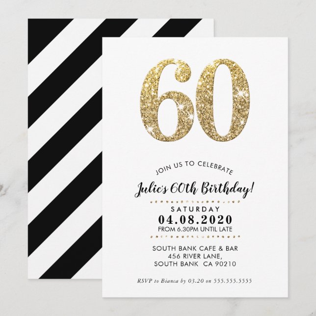 60TH BIRTHDAY PARTY INVITE modern gold glitter (Front/Back)