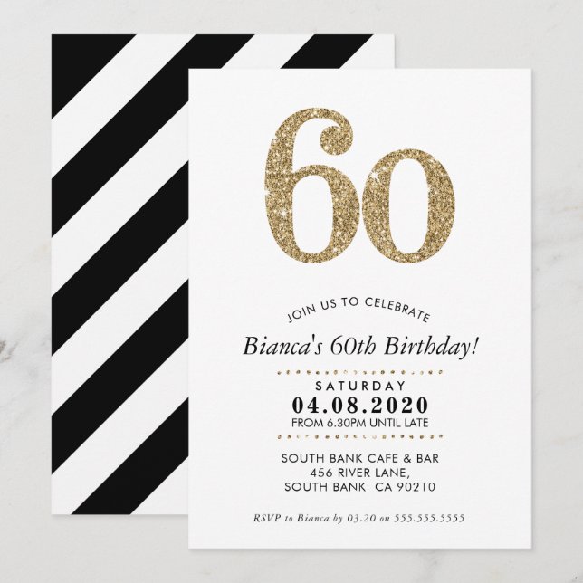 60TH BIRTHDAY PARTY INVITE modern gold glitter (Front/Back)