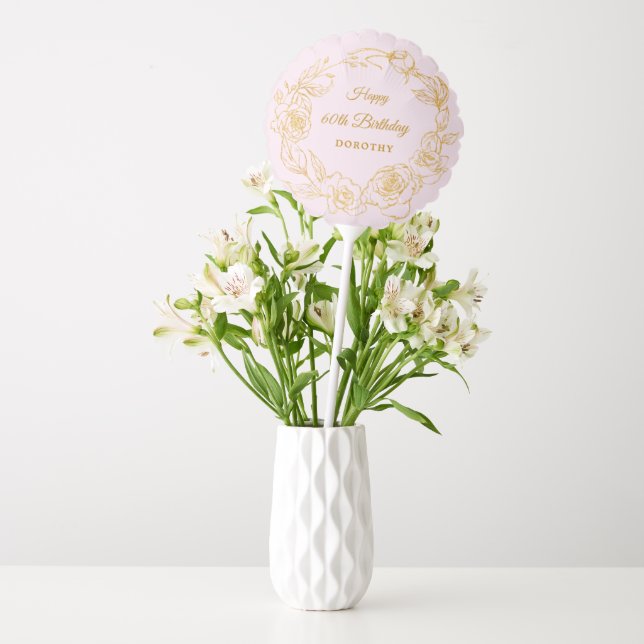 60th Birthday Party Luxe Gold Rose Floral Pink Balloon (Vase)
