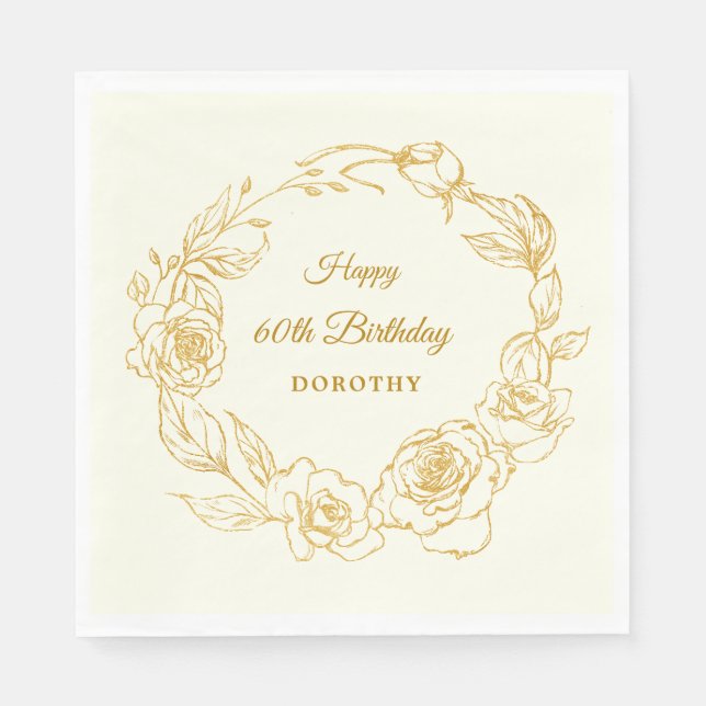 60th Birthday Party Luxe Gold Rose Ivory Cocktail Napkins (Front)