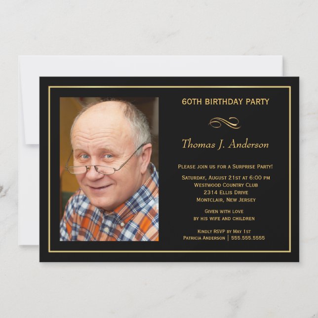 60th Birthday Party Man's Black & Gold Invitation (Front)