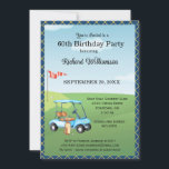 60th Birthday Party Men's Golf Theme Party   Invitation<br><div class="desc">This festive and colorful 60th Birthday Party Invitation has a Golf theme and it's perfect for a Golfer. It features a Golf Cart with Golf Clubs on a Golf Course, Much to personalize to make appropriate for your own event as well as a photo. We have all the ingredients to...</div>