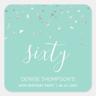 60th Birthday Party Mint Green Silver Confetti Square Sticker