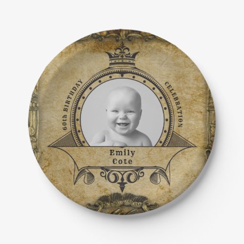 60th Birthday Party Monogram Photo Vintage Retro Paper Plates