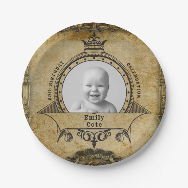 60th Birthday Party Monogram Photo Vintage Retro Paper Plates (Front)