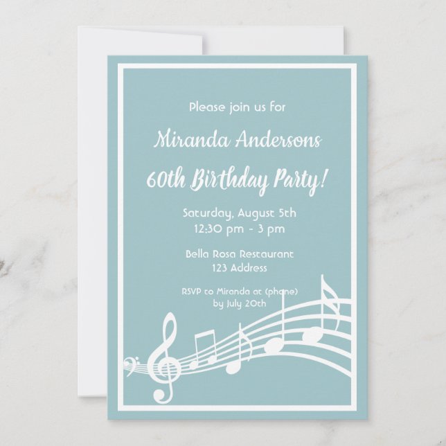 60th birthday party music notes teal blue invitation (Front)