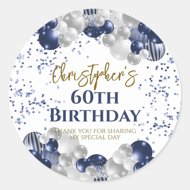 60th Birthday Party Navy Balloons Classic Round Sticker Zazzle