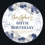 60th Birthday Party Navy Balloons Classic Round Sticker<br><div class="desc">A gorgeous 60th birthday party or celebration favor sticker. This fabulous navy blue and silver balloons design is the perfect  way to decorate your favor bags for a 60th celebration or sixtieth party.</div>