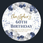 60th Birthday Party Navy Balloons Classic Round Sticker<br><div class="desc">A gorgeous 60th birthday party or celebration favor sticker. This fabulous navy blue and silver balloons design is the perfect  way to decorate your favor bags for a 60th celebration or sixtieth party.</div>