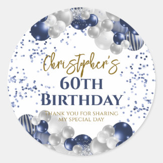 60th Birthday Party Navy Balloons Classic Round Sticker
