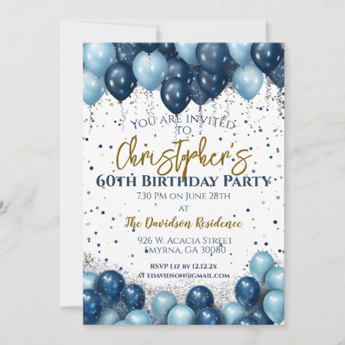 60th Birthday Party Navy Balloons Invitation