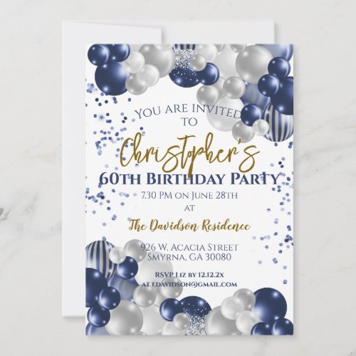 60th Birthday Party Navy Balloons Invitation