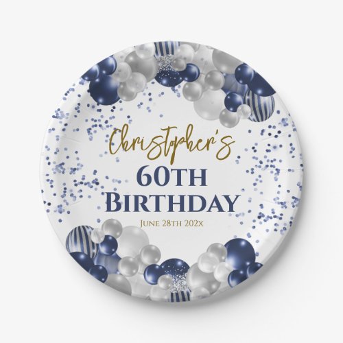 60th Birthday Party Navy Balloons Paper Plates