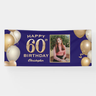 60th Birthday Party Navy Blue and Gold Balloons Banner