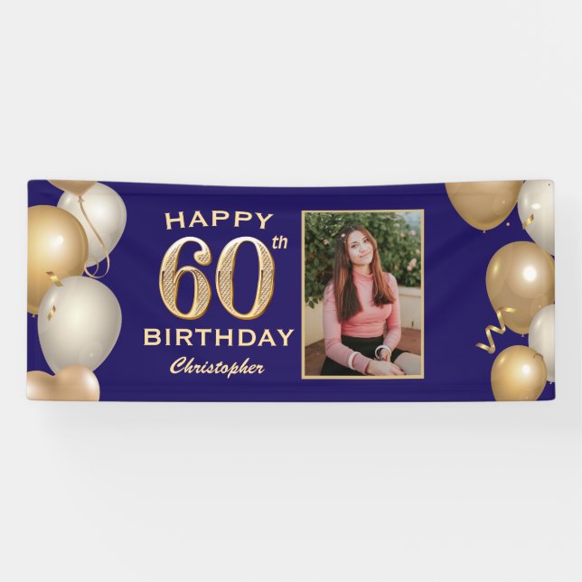60th Birthday Party Navy Blue and Gold Balloons Banner (Horizontal)