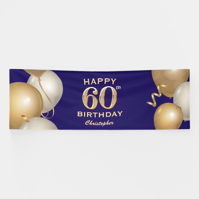 60th Birthday Party Navy Blue and Gold Balloons Banner (Horizontal)