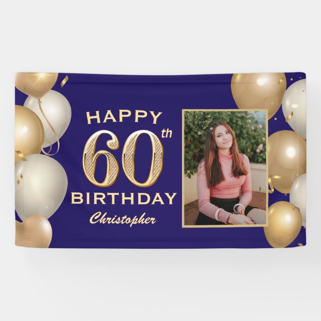 60th Birthday Party Navy Blue and Gold Balloons Banner (Horizontal)