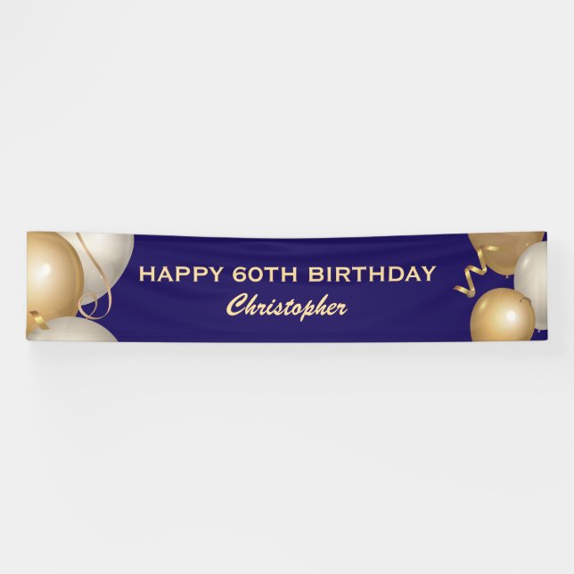 60th Birthday Party Navy Blue and Gold Balloons Banner (Horizontal)