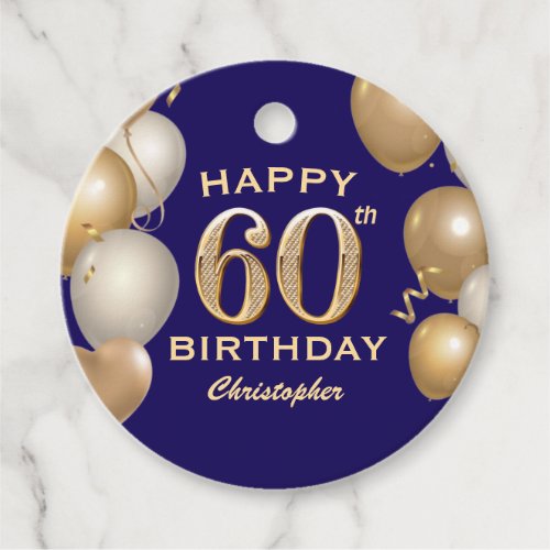 60th Birthday Party Navy Blue and Gold Balloons Favor Tags