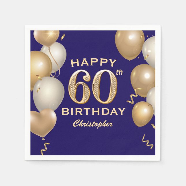 60th Birthday Party Navy Blue and Gold Balloons Napkins (Front)