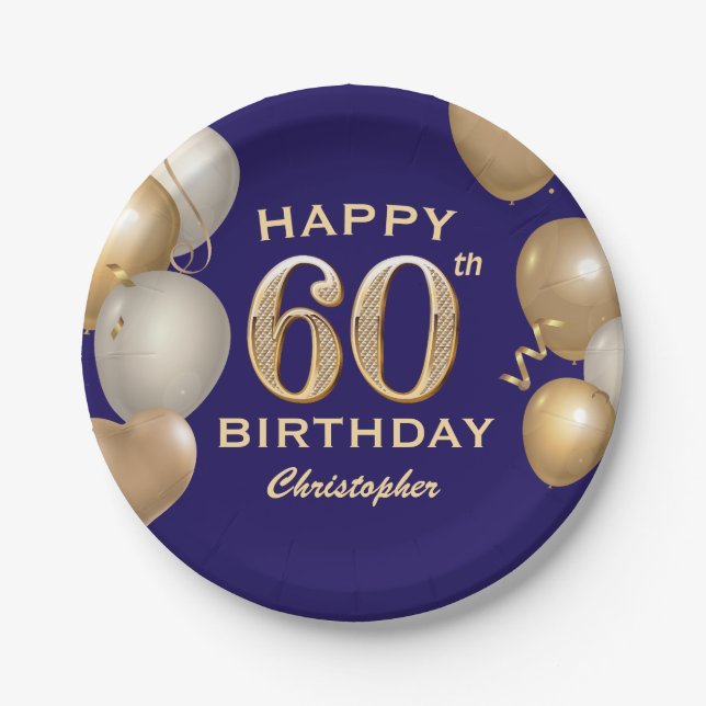 60th Birthday Party Navy Blue and Gold Balloons Paper Plates (Front)