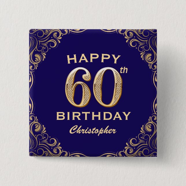 60th Birthday Party Navy Blue and Gold Glitter Button (Front)
