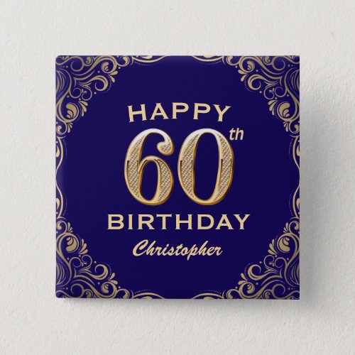 60th Birthday Party Navy Blue and Gold Glitter Button